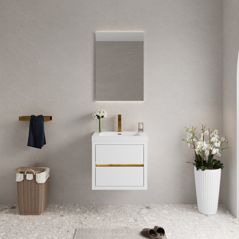 Meuble-lavabo de 24 po avec lavabo, blanc brillant. Pré-assemblé pour une installation facile. Rangement intérieur spacieux en forme de U. Système de tiroir à fermeture silencieuse. Comptoir en résine de pierre. - Armoire en bois. Invisible