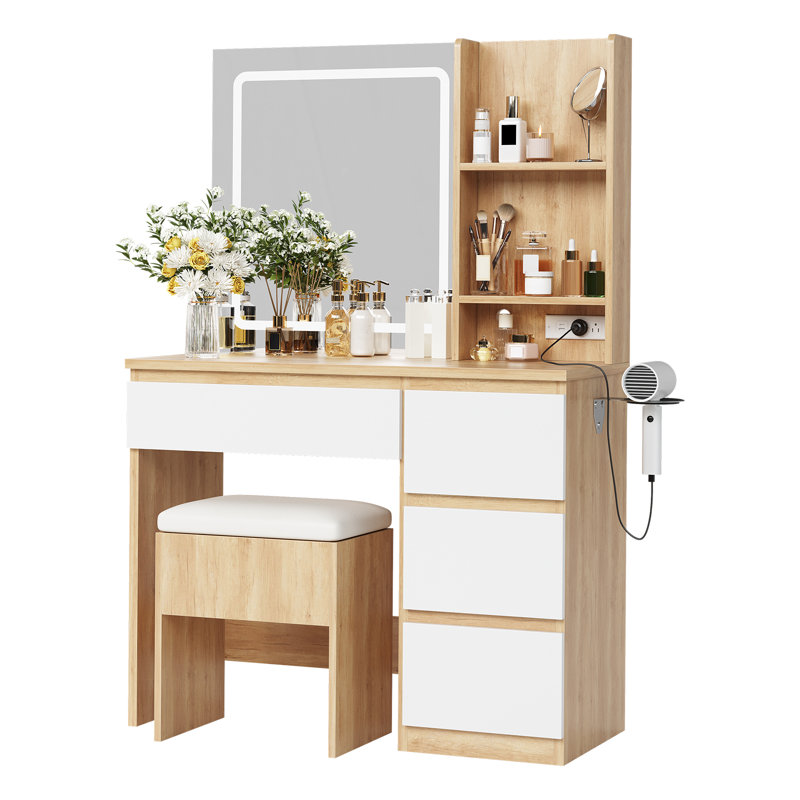 Makeup Vanity Desk Set with Lighted Mirror, LED Lighting, 4 Drawers, Storage Stool, Built-In Power Outlet & Shelves, Dressing Table for Bedroom or Dressing Room