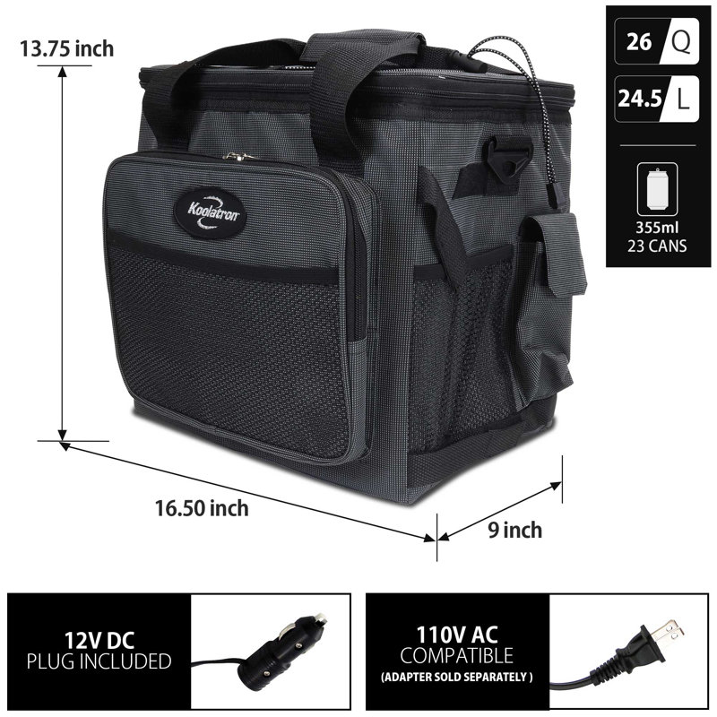 Koolatron 12V Electric Cooler Bag, 25 L (26 qt), Collapsible, Gray/Black