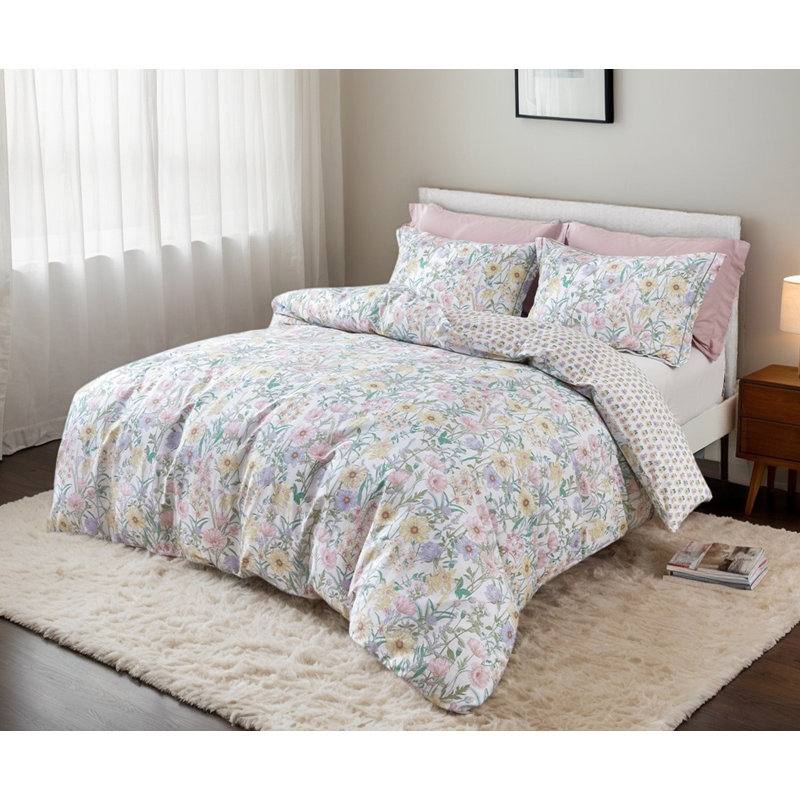 SLEEPBELLA Comforter, 600 Thread Count Cotton Comforter Sets, Down Alternative Bedding Set 3Pcs, Queen, Yellow&Pink Floral