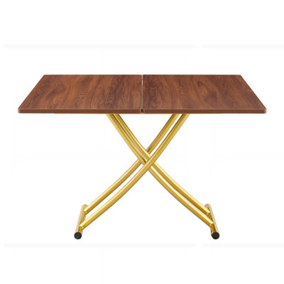 Table élévatrice multifonctionnelle moderne avec plateau en panneau de fibres à densité moyenne de 0,8 po d'épaisseur et pieds en métal doré, pouvant être utilisée comme coiffeuse, table basse, table de salle à manger et table de bureau. Bureau texturé noyer
