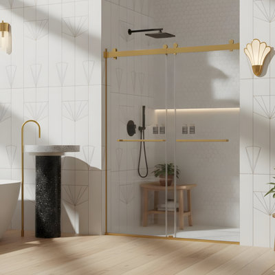 Convient aux portes de douche coulissantes doubles sans cadre de 56 à 60 pouces x 76 pouces, finition dorée brossée, portes en verre trempé de 3/8 pouce (10 mm) d'épaisseur, installation réversible, sans fonction de fermeture en douceur.
