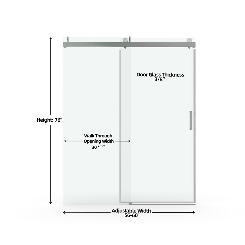 Portes de douche et de baignoire l 56 à 60 po x H 76 po Porte de douche coulissante simple sans cadre avec verre trempé transparent
