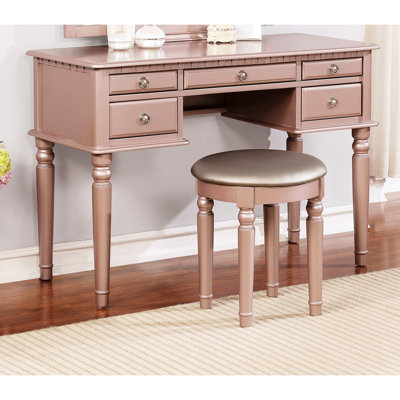 Rose Gold Bedroom Vanity With Three - Piece Foldable Mirror, Five Drawers And A Comfortable Padded Round Stool, Solid Wood Build Classic , Storage Grey Rubberwood Design