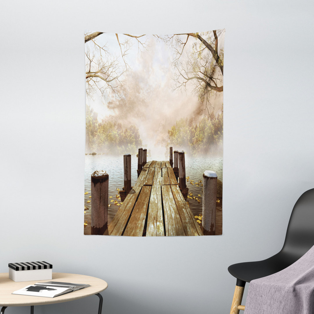 Wandbehang Old Wooden Jetty on a Lake Fallen Leaves and Foggy Forest in Distance