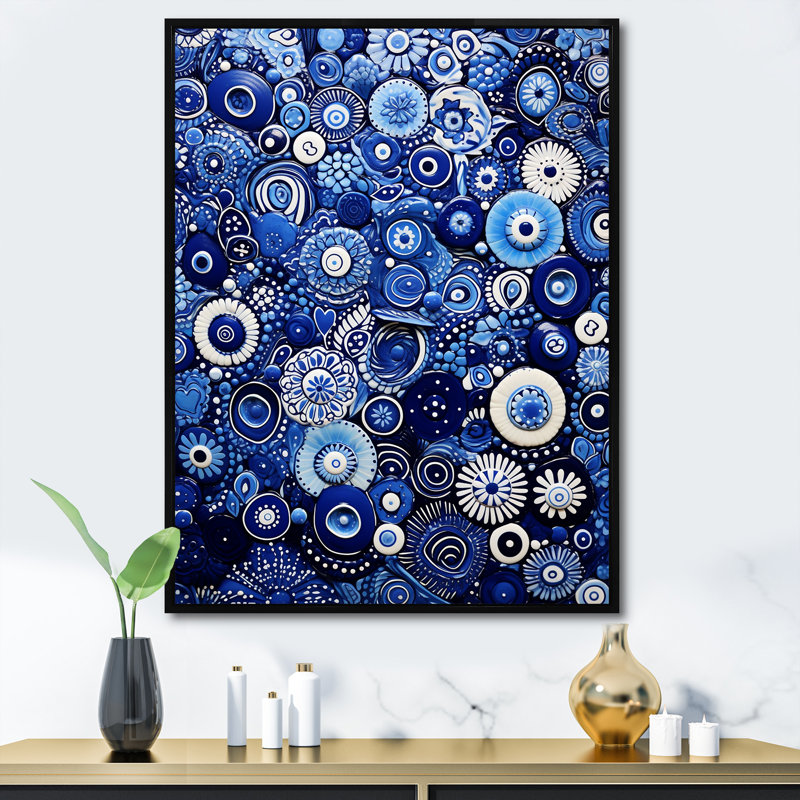 Art déco, carreau bleu Elegance 1 - art mural abstrait, Cadre flottant noir, H 40 po x l 30 po x P 1,5 po