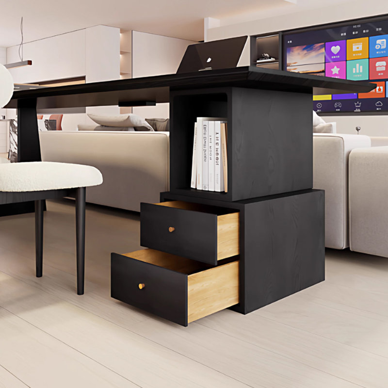 Bureau en bois de frêne noir avec pieds découpés et armoire de rangement à droite, 27.56" H x 62.99" W x 23.62" D
