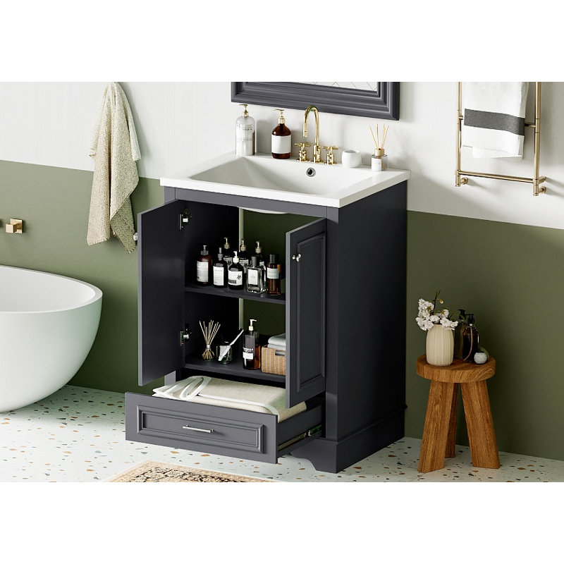 Meuble-lavabo autoportant moderne 24 po avec lavabo en céramique, Argent argent, Bleu gris