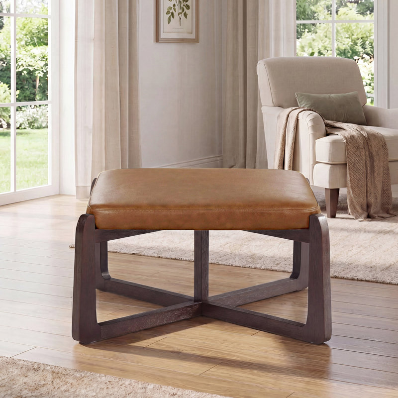 24" Wide Faux Leather Upholstered Square Ottoman, Yellow