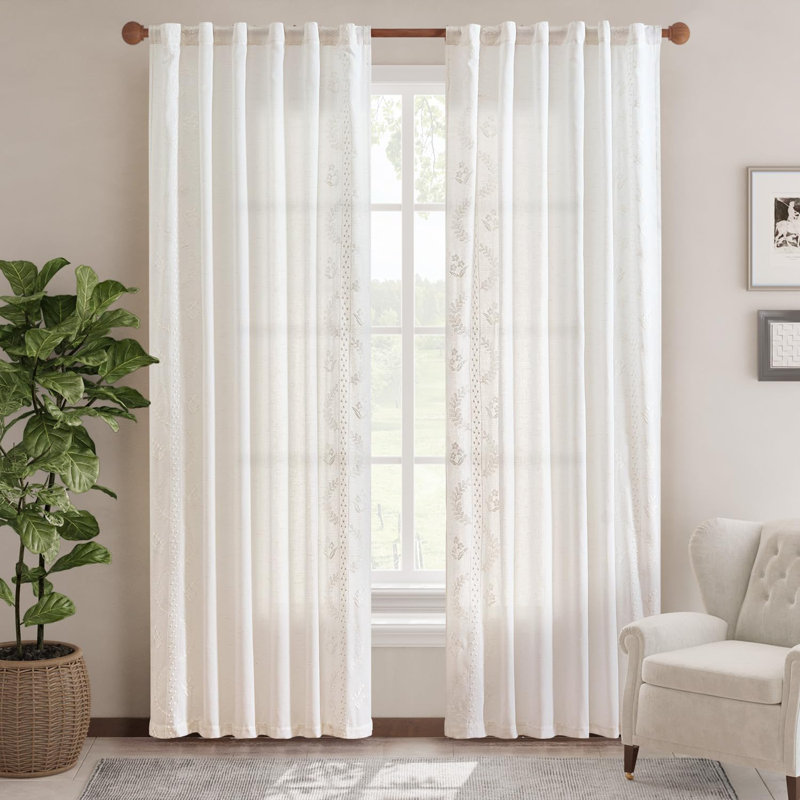 Linen Blend Embroidered Curtains Farmhouse Flower Patterned Curtains for Bedroom, 50" W x 84" L, White