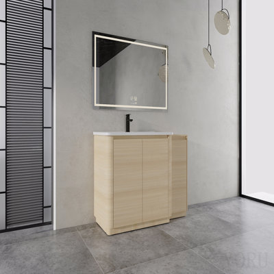 Meuble-lavabo autoportant de 122 cm (48 po) avec lavabo en céramique blanche, 1 petit meuble de rangement, porte à fermeture amortie, chêne blanc américain, contreplaqué