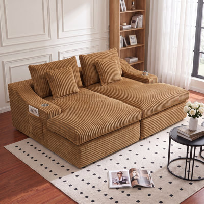83" Oversized Double Chaise Lounge, Corduroy Compressed Sleeper Couch with Deep Seat, Cup Holders & 4 Pillows