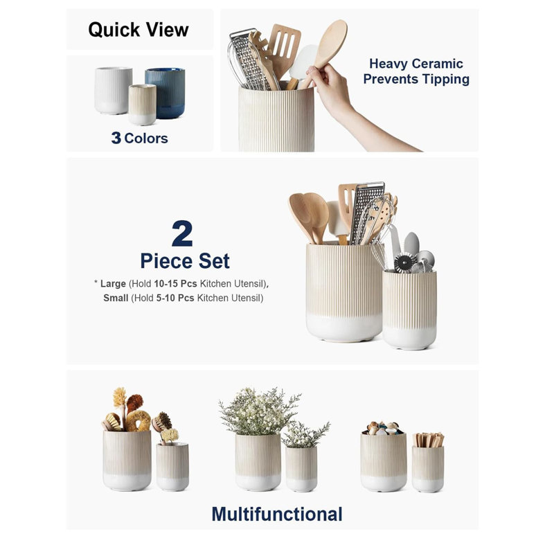 Set of 2 Arctic White Ceramic Utensil Holders (7.3”+5.4”) - Boho Farmhouse Style