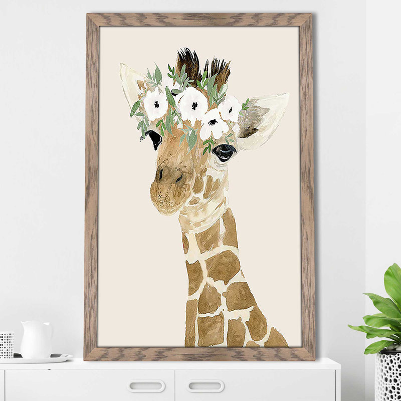 Petite girafe par Lucille Price - Peinture, Cadre taupe délavé, H 27,5 po x l 21,5 po x P 0,75 po