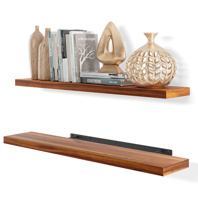 Acacia Wood Floating Shelves - Rustic Wall Storage with Mounting Brackets (Set of 2), 1.3" H x 36" W x 7" D, Brown