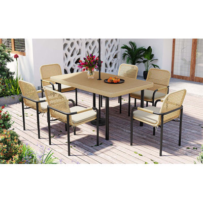 Ronald Patio 7-Piece PE Rattan Dining Set with Umbrella Hole
