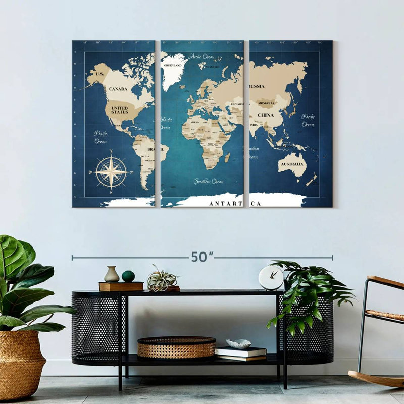 Carte du monde cobalt 3 pièces, H 32 po x l 50 po x P 1,25 po