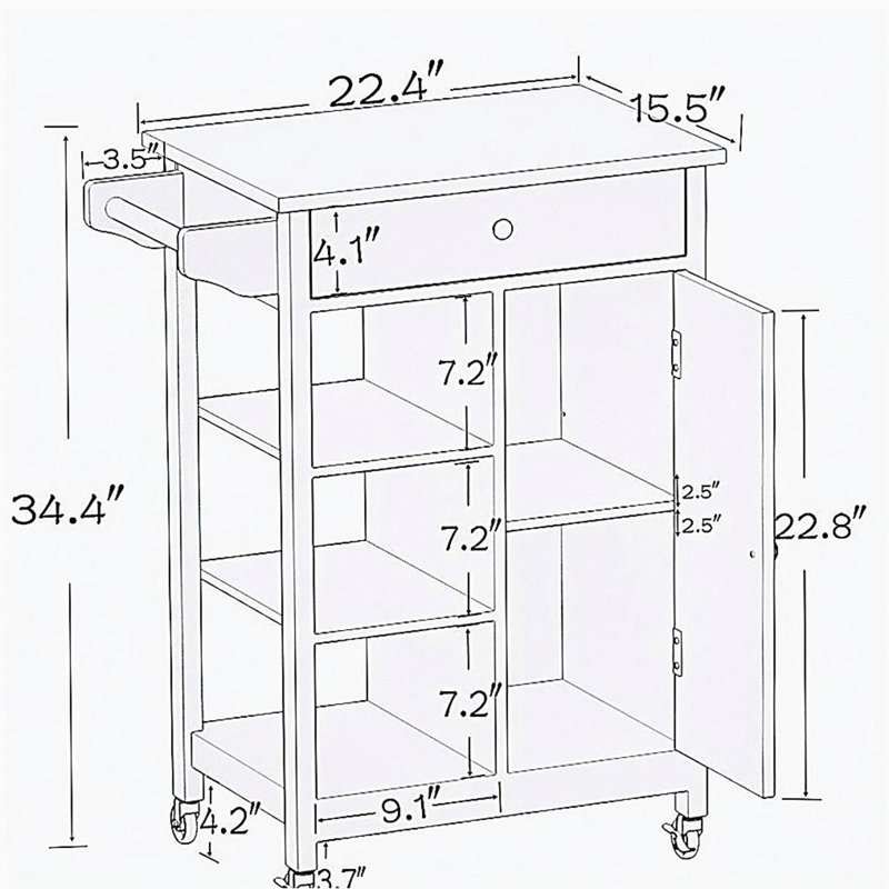 Chariot pour îlot de cuisine avec tablettes réglables et plateau porte-serviettes en bois d'hévéa