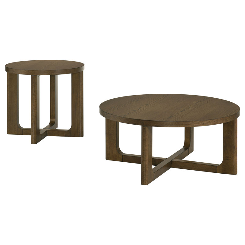 Ensemble de tables basses rondes sculpturales en bois 2 pièces Wai - brun, 2 pièces: table basse, table de bout, Brun