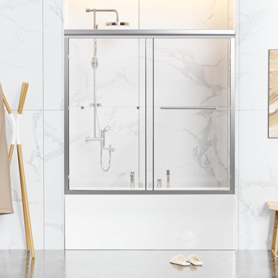 Porte de baignoire coulissante double semi-sans cadre H 56-60 "x H 58", porte en verre de 1/4 po d'épaisseur, largeur réglable