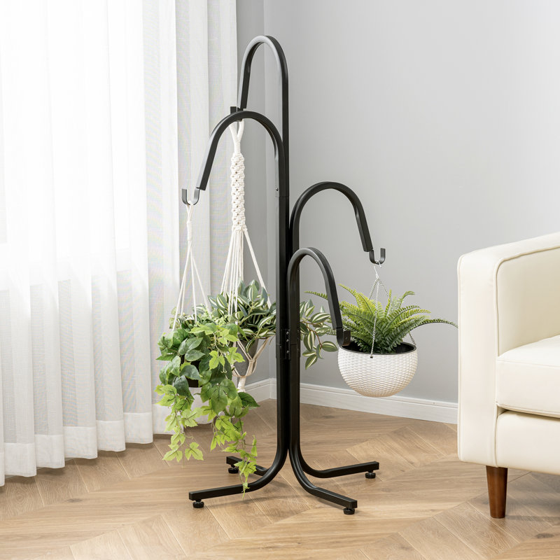 Support pour plante suspendu industriel en métal noir mat avec support à 4 crochets