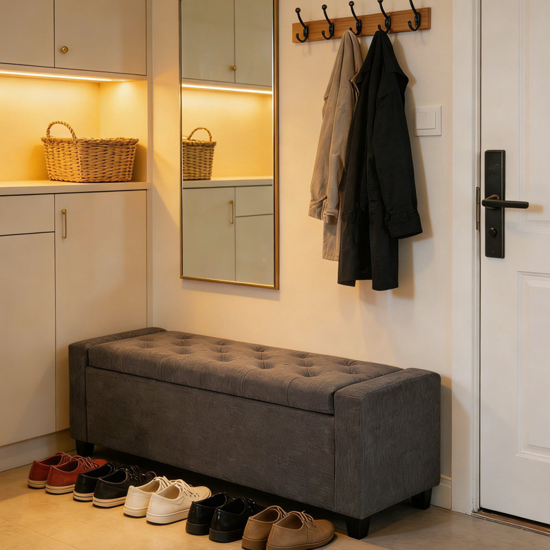 Banc de rangement de style moderne avec accoudoirs pour chambre à coucher, salon, vestibule, Gris