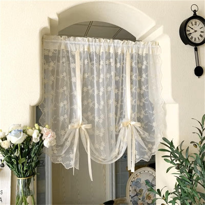 Tie Up Kitchen Curtain Floral Balloon Lace Sheer Curtain Tiers