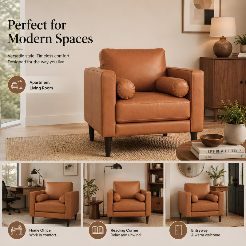 Esin Genuine Leather Mid-Century Accent Chair – Compact Single Sofa Chair for Urban Apartments, Home Office & Guest Rooms
