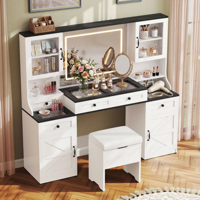 Coiffeuse 61,5 "avec miroir et lumières DEL réglables, coiffeuse de ferme avec 5 tiroirs, 4 armoires et 1 tabouret de rangement à coussins