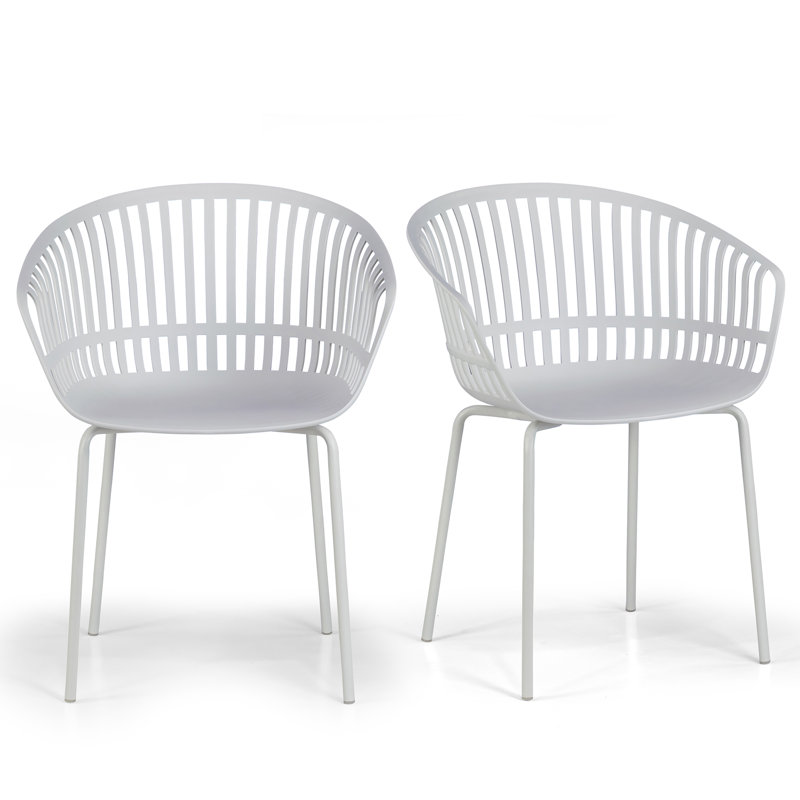 Chaise en plastique avec dossier à lattes et pieds en fer, Blanc