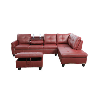 Red Faux Leather 3-Piece Sectional Sofa Set with Storage Ottoman