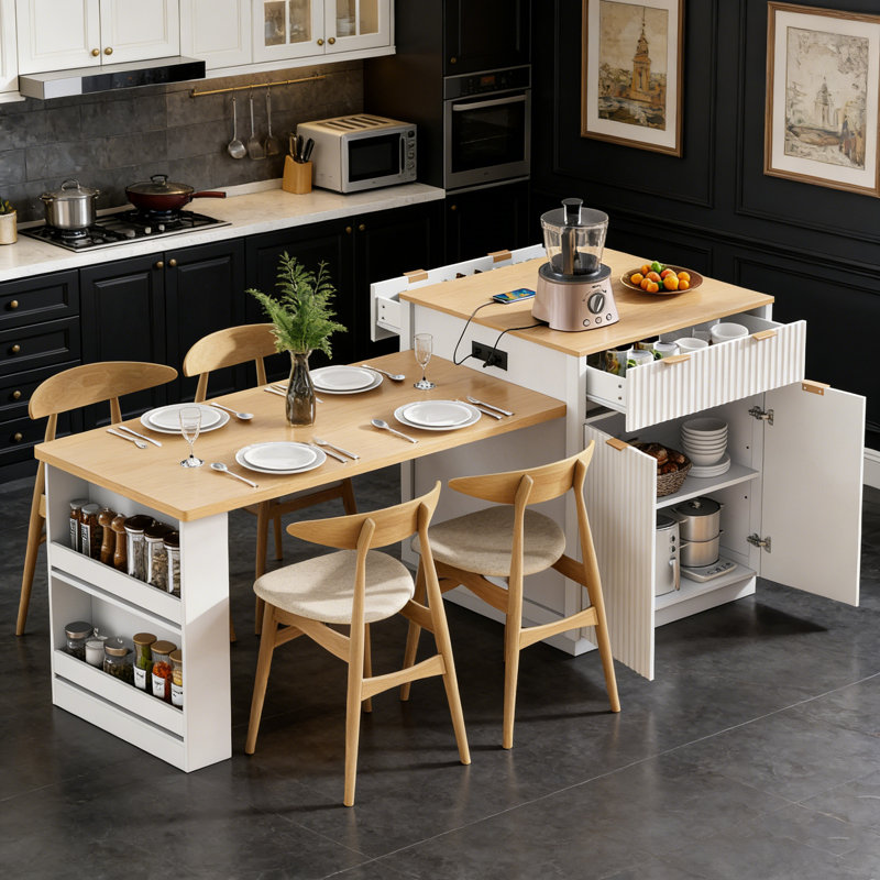 Fluted Kitchen Island With Extendable Dining Table, Power Outlet,  Double-side Storage, 2 Drawers And 2 Side Open Shelves