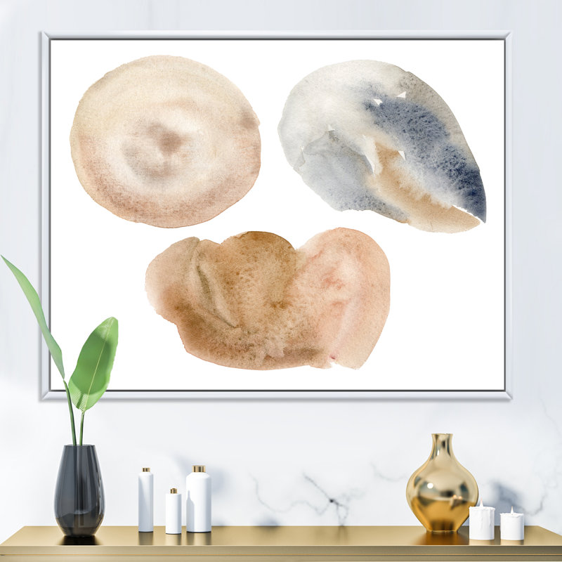 «Holiday Set with Abstract Blue and Beige Circle Spot», peinture sur toile à cadre flottant, Toile blanche encadrée