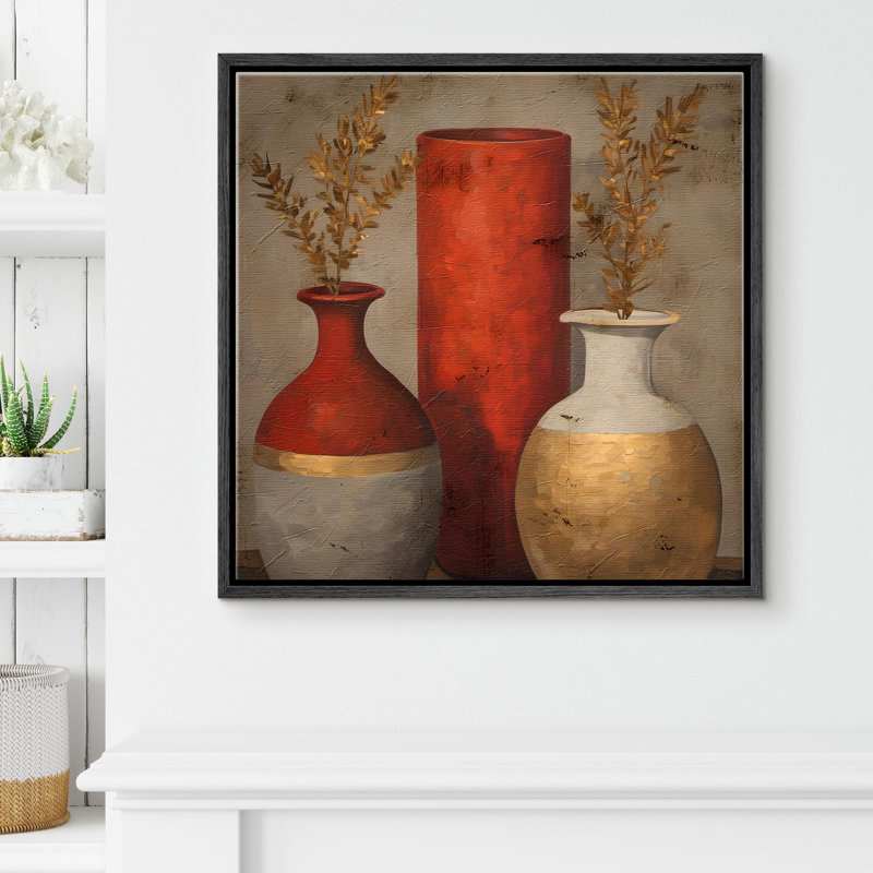 "Vases en pot rouge et or classiques en céramique dans des tons chauds, décor rustique classique, art pastel" sur, Noir