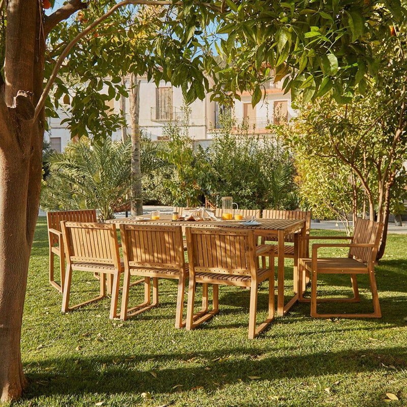 Lankin Rectangular 180cm L Acacia Outdoor Table Set, 9 Pieces: Table, 8 Chairs, No Umbrella