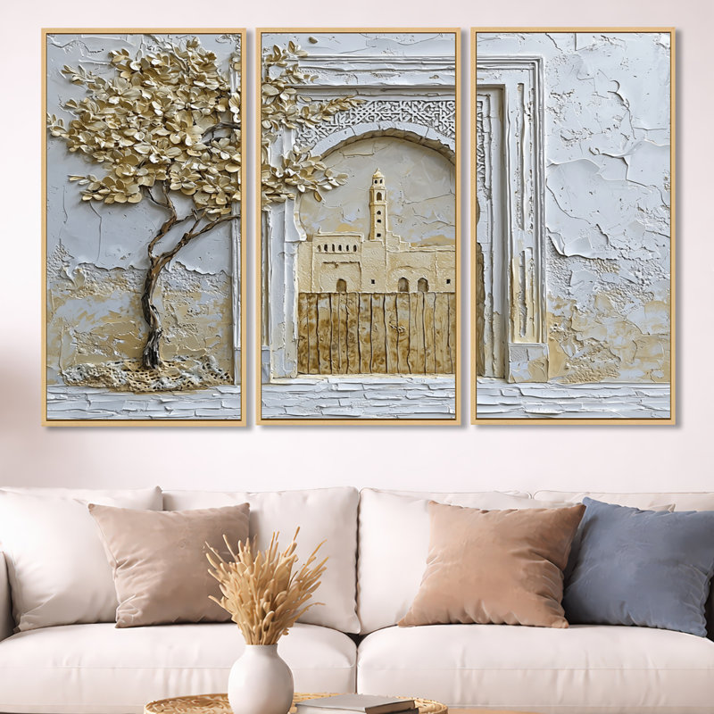 Maroc, médina d'or de Fès - ensemble d'art mural Maroc, H 40 po x l 60 po x P 1 po, Toile naturelle avec cadre flottant