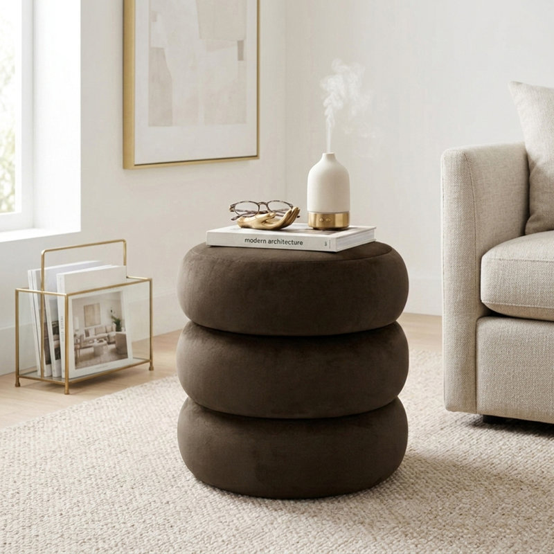 Modern Round Velvet Side Table,Upholstered Nightstand, Brown