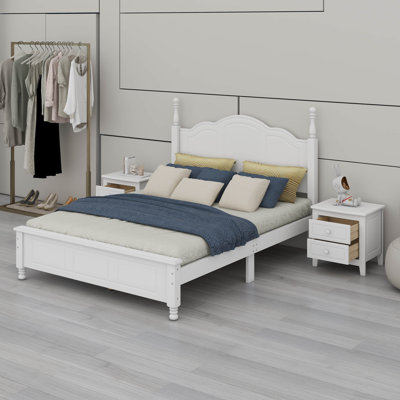 Ensemble de chambre à coucher 3 pièces - lit plateforme en bois et 2 tables de chevet, ensemble de mobilier de chambre à coucher 3 pièces, aucun sommier nécessaire
