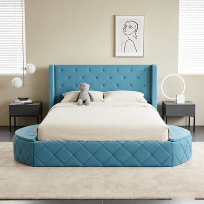 Blue Velvet Upholstered Queen Bed - Wingback Headboard, 1 Big Drawer + 2 Side Storage Stools