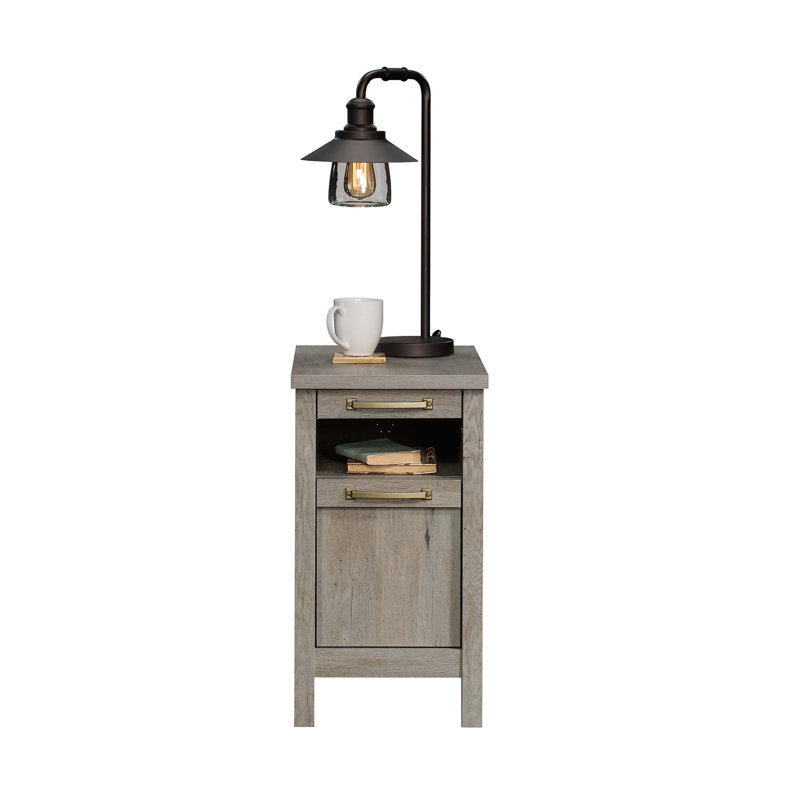 Table d'appoint polyvalente à finition grise avec tablette coulissante et grand tiroir pour plus de rangement et de commodité.