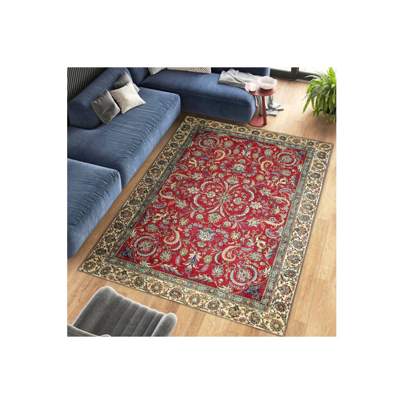 Tapis rouge lavable à motif floral et traditionnel rouge, Tapis de couloir 2 pi 6 po x 9 pi 10 po inclus