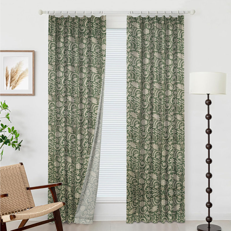 Dark Green Floral Curtain for Summer and Spring, Handmade Block Print, Soft Thick Linen Pleated Pinch Drape Elegant, Living Room or Window Treatments, Kundanvan