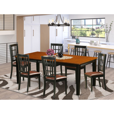 Ensemble de table de salle à manger 7 pièces composé d'une table rectangulaire en bois avec feuille papillon et 6 chaises de cuisine en similicuir, noir et cerise