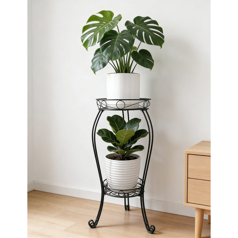 Support pour plante robuste en métal à 2 niveaux pour une utilisation intérieure et extérieure, construction robuste en fer massif avec tablettes de 11,8 pouces de diamètre, supporte les grandes plantes lourdes