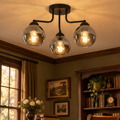 3-Light Black Glass Flush Mount 