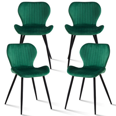Ensemble de 4 chaises de salle à manger en velours, chaises de cuisine modernes et rembourrées avec dossier incurvé et pieds en métal, pour la maison ou un appartement, vertes.
