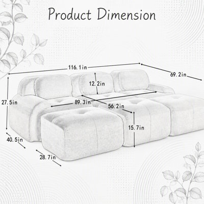 Canapé modulaire à trois places avec 3 repose-pieds, tissu en velours côtelé, sans assemblage, convient aux animaux de compagnie, accoudoirs courbés ultra-larges, éponge à haute résilience 32D pour les salons et les salles multimédia, chameau