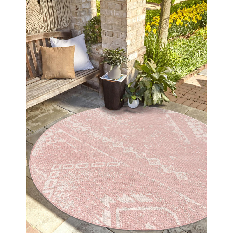 Tapis intérieur / extérieur rose en polypropylène tissé à la machine 9 pi 10 po x 13 pi Bomer, Rond 6 pi