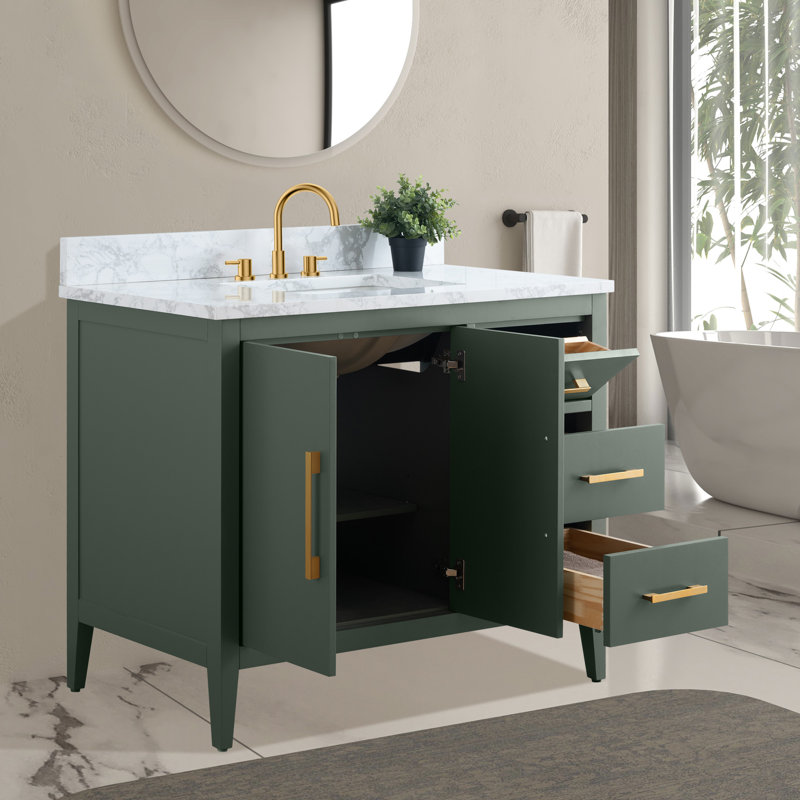 Chambery 42" Single Sink Bathroom Vanity with Engineered Marble Top, Vintage Green, Golden Brushed