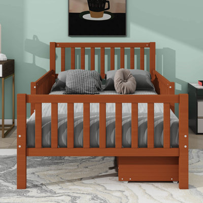 Lit plateforme simple en bois avec garde-corps double et deux sections de rangement